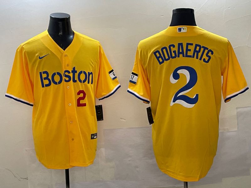 Men Boston Red Sox 2 Bogaerts Yellow City Edition Game 2025 Nike MLB Jersey style 3